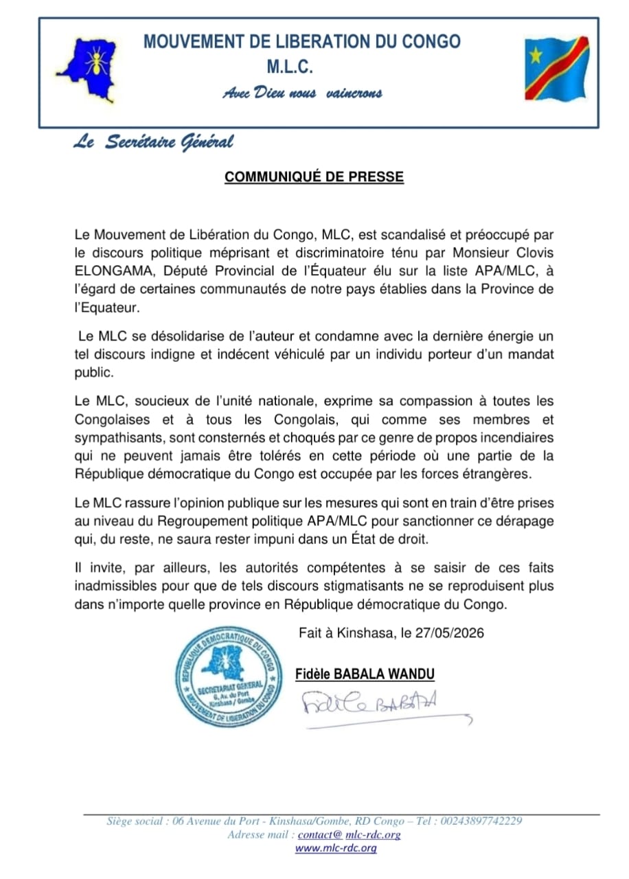 Le MLC condamne les propos de Clovis Elongama et annonce des sanctions